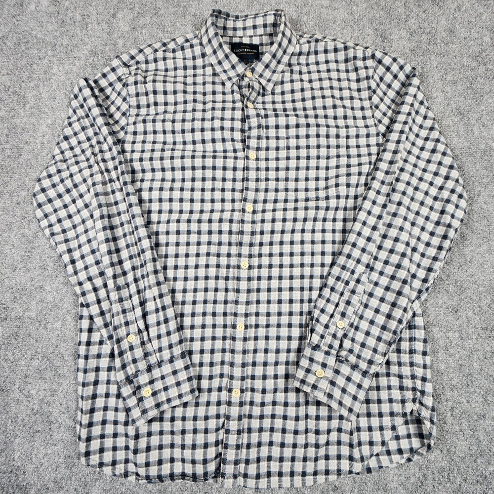 Lucky Brand Mens Large Gingham Check Button Down Shirt Navy Blue White Cotton